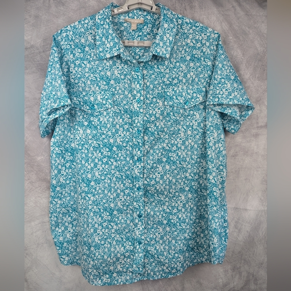 Woman Within 1X Size 22/24 Turquoise Floral Button Down Shirt
